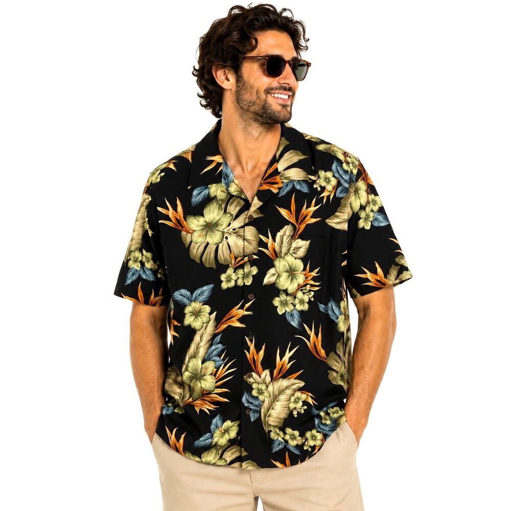 Caribbean Joe 100% Silk Hawaiian Camp Shirt Mens XL Black Tropical Floral Aloha